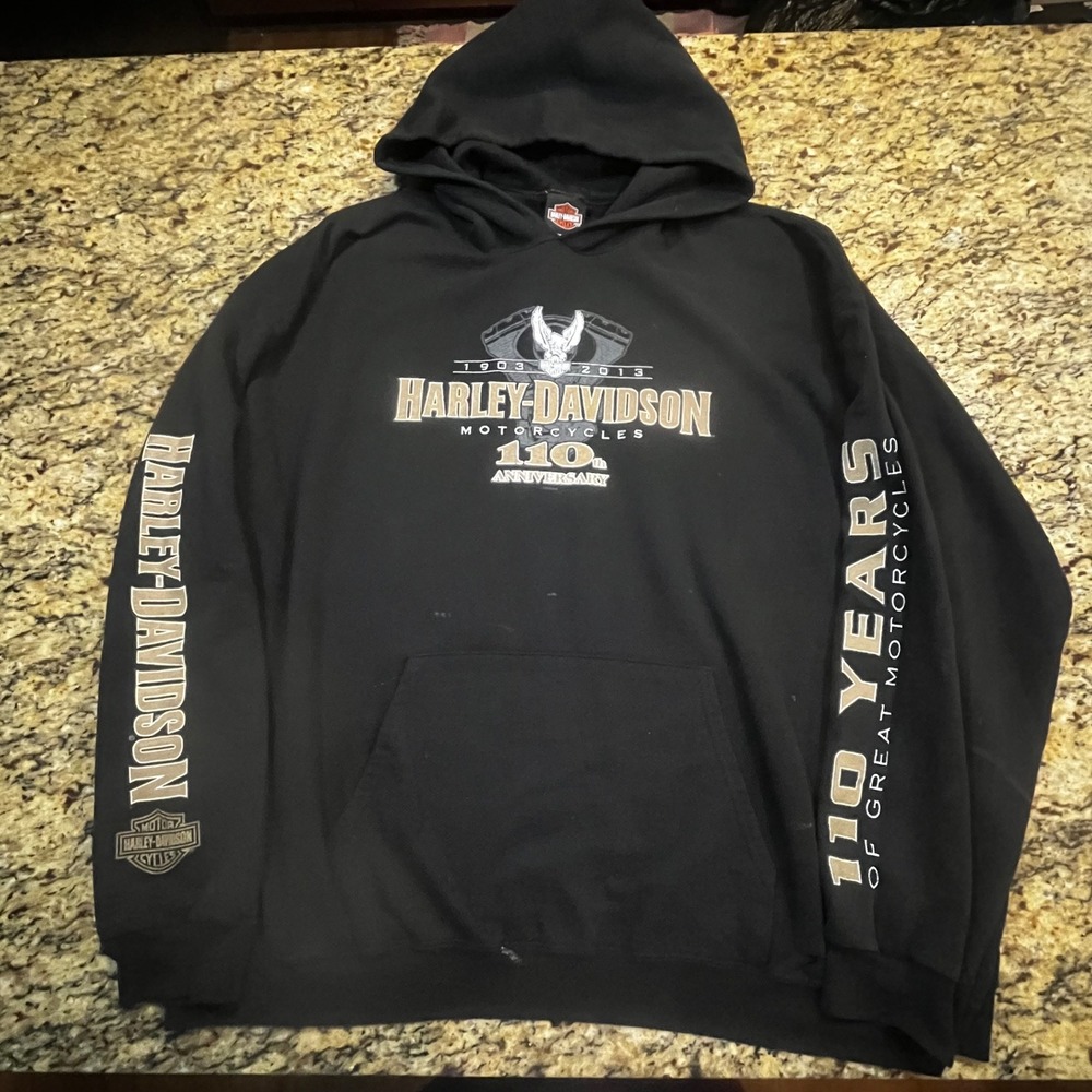 Harley-Davidson Mens 110th Anniversary Hoodie Black Woodstock IL Pullover 2013